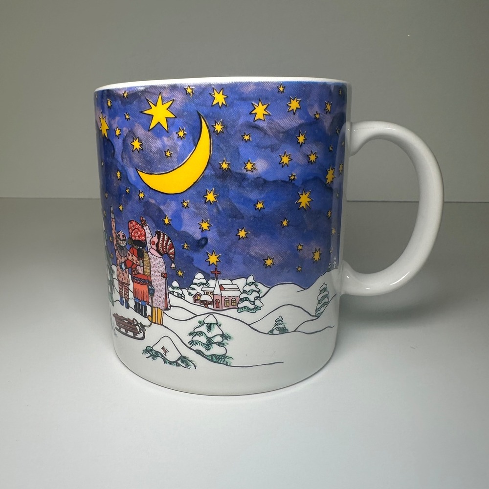 Vintage 1993 Kiki Christmas Star Mug Winter Scene Moon Stars Made in Japan‎
